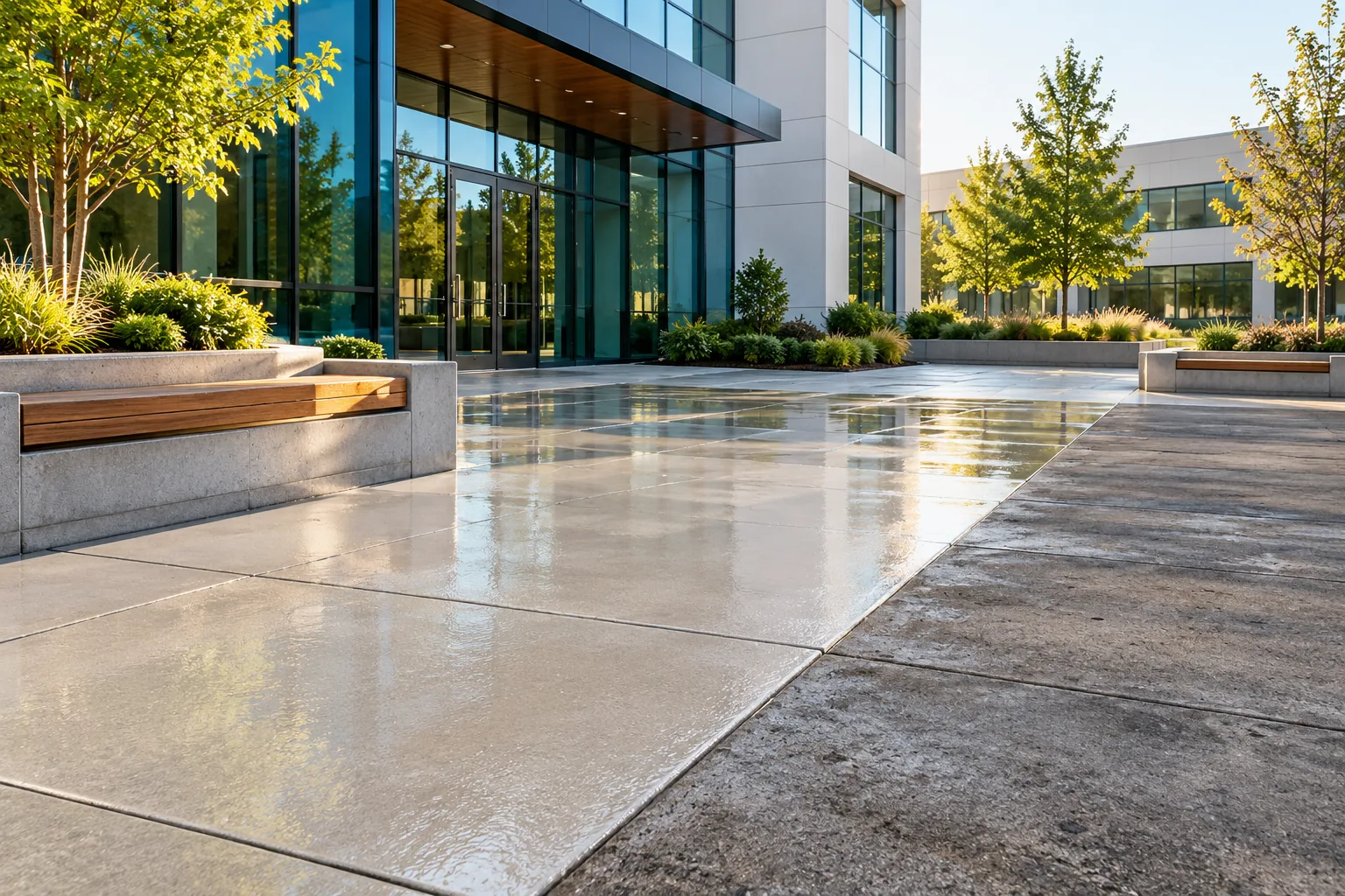 Office plaza with freshly washed, evenly bright concrete between planters and benches