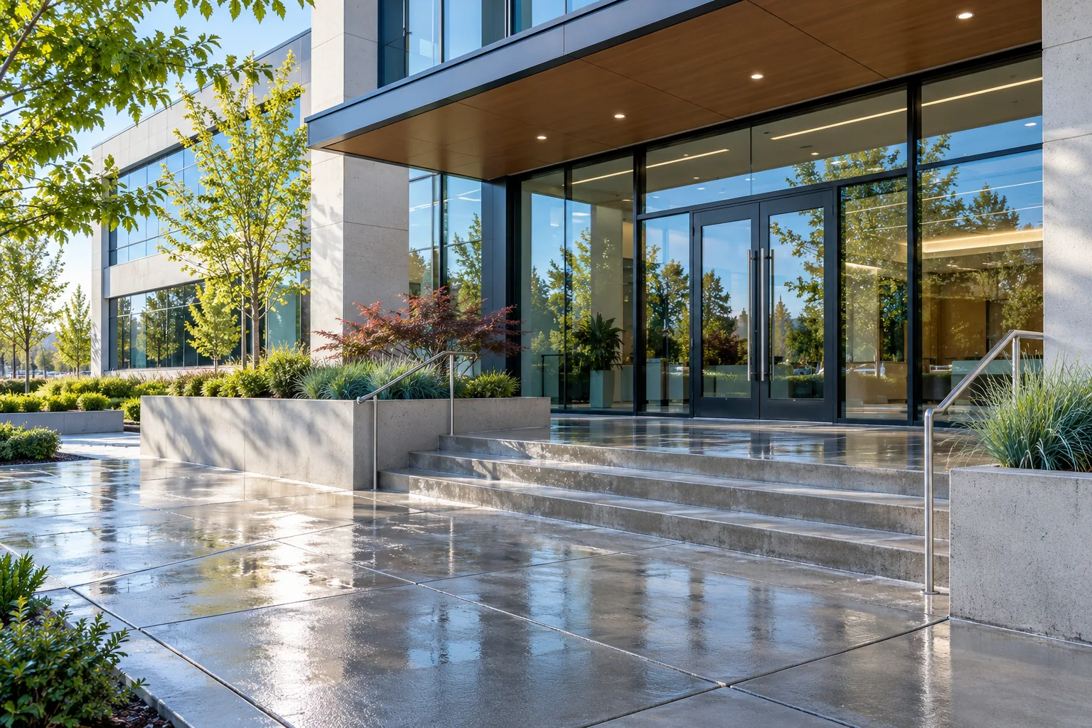 Freshly washed office entrance with glass doors