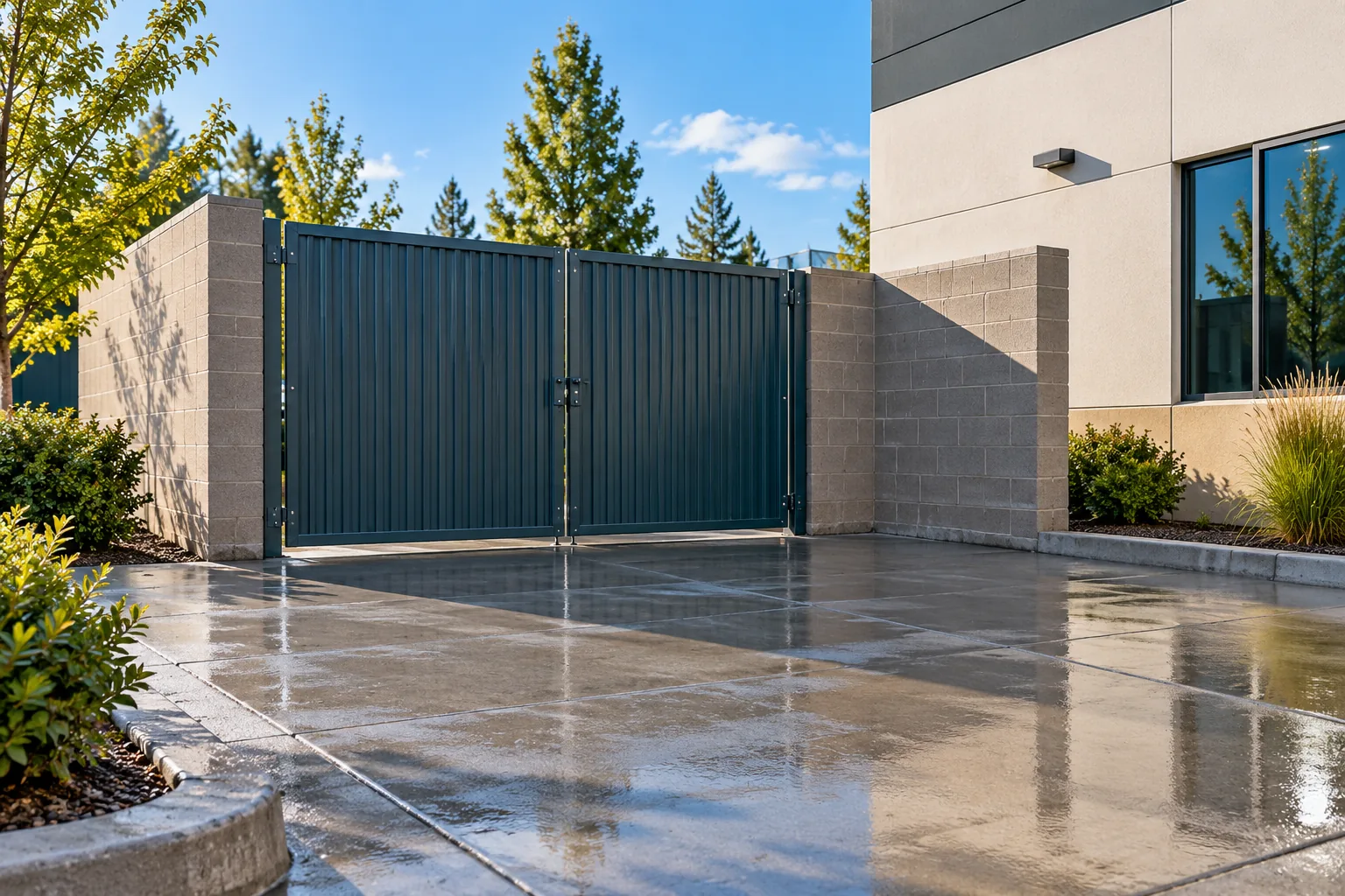 Tidy block-wall trash enclosure with a freshly washed concrete pad and closed metal gates