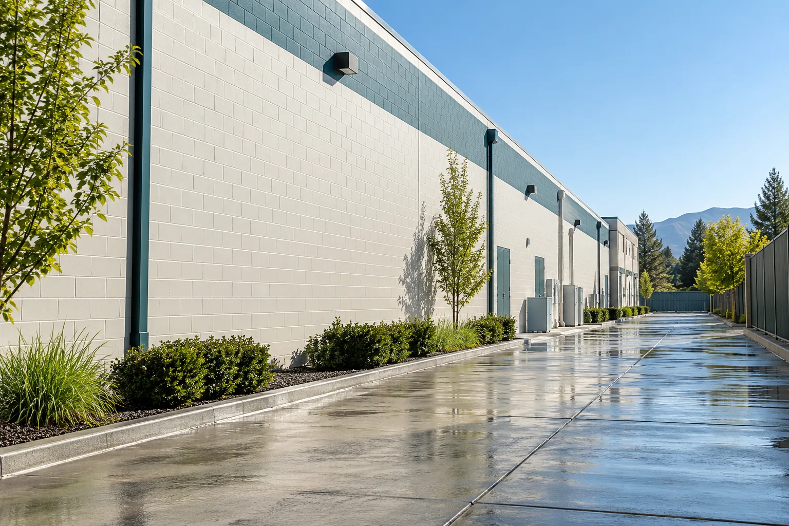 Long clean painted block side wall of a commercial building along a quiet service alley