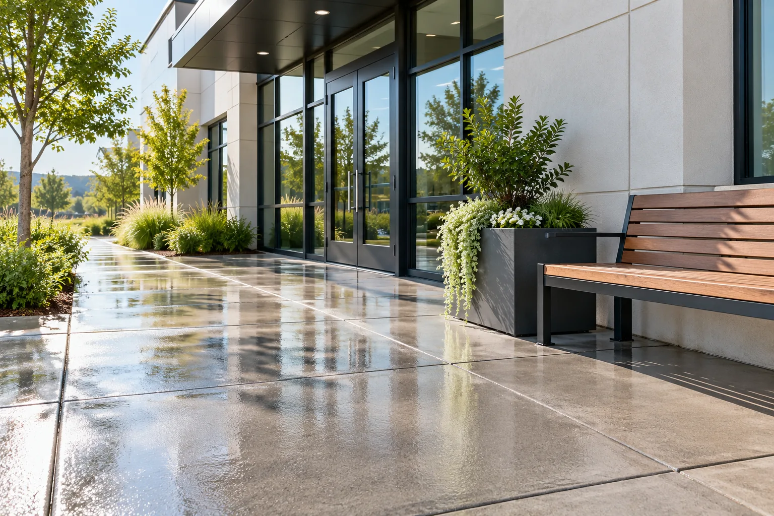 Bright, spotless concrete sidewalk outside a commercial entrance with a bench and planter