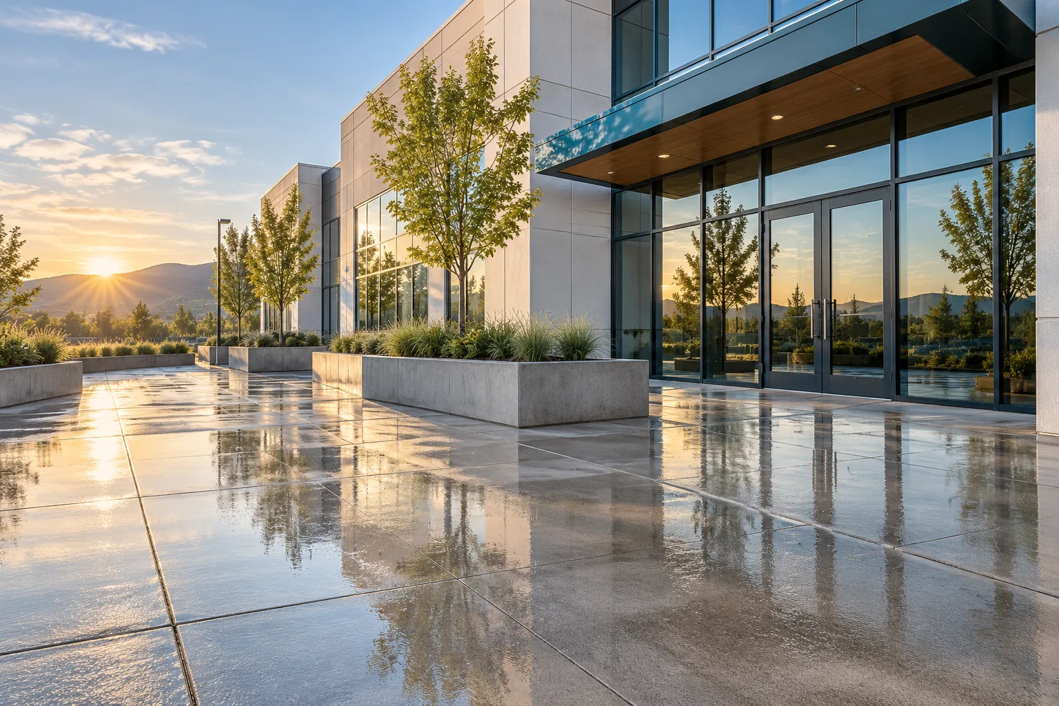 Freshly washed concrete plaza in front of a modern commercial building in early morning light