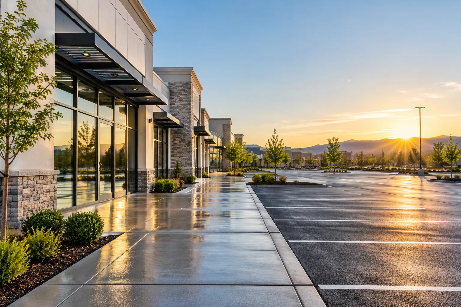 Clean shopping center walkway and parking lot at sunrise