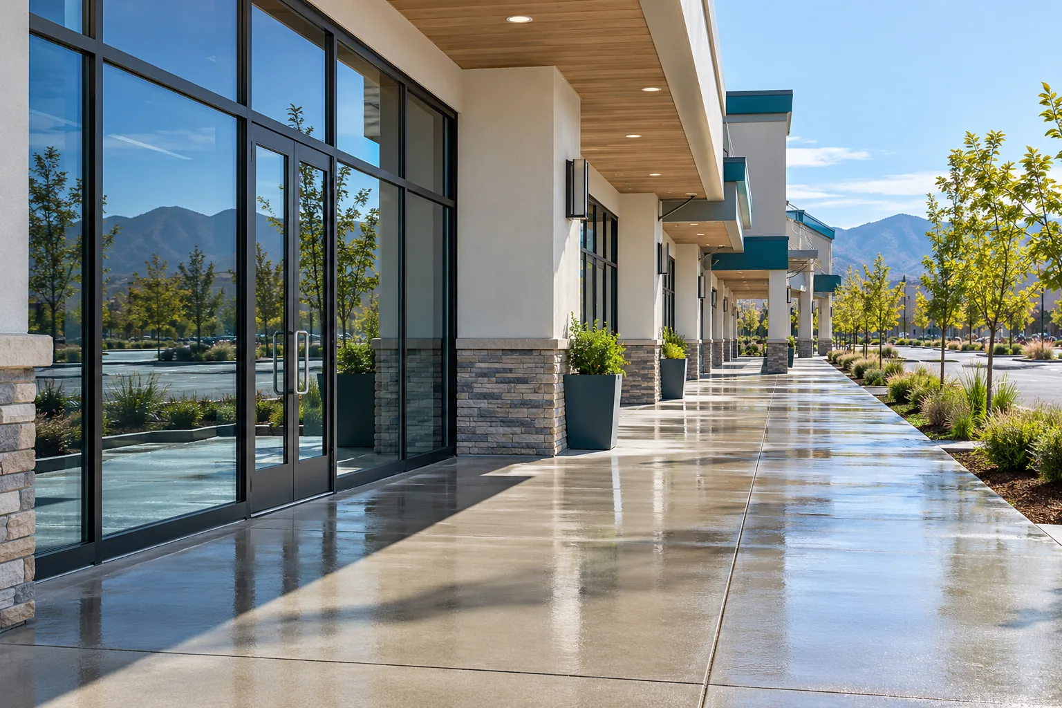 Freshly washed concrete plaza in front of a commercial building